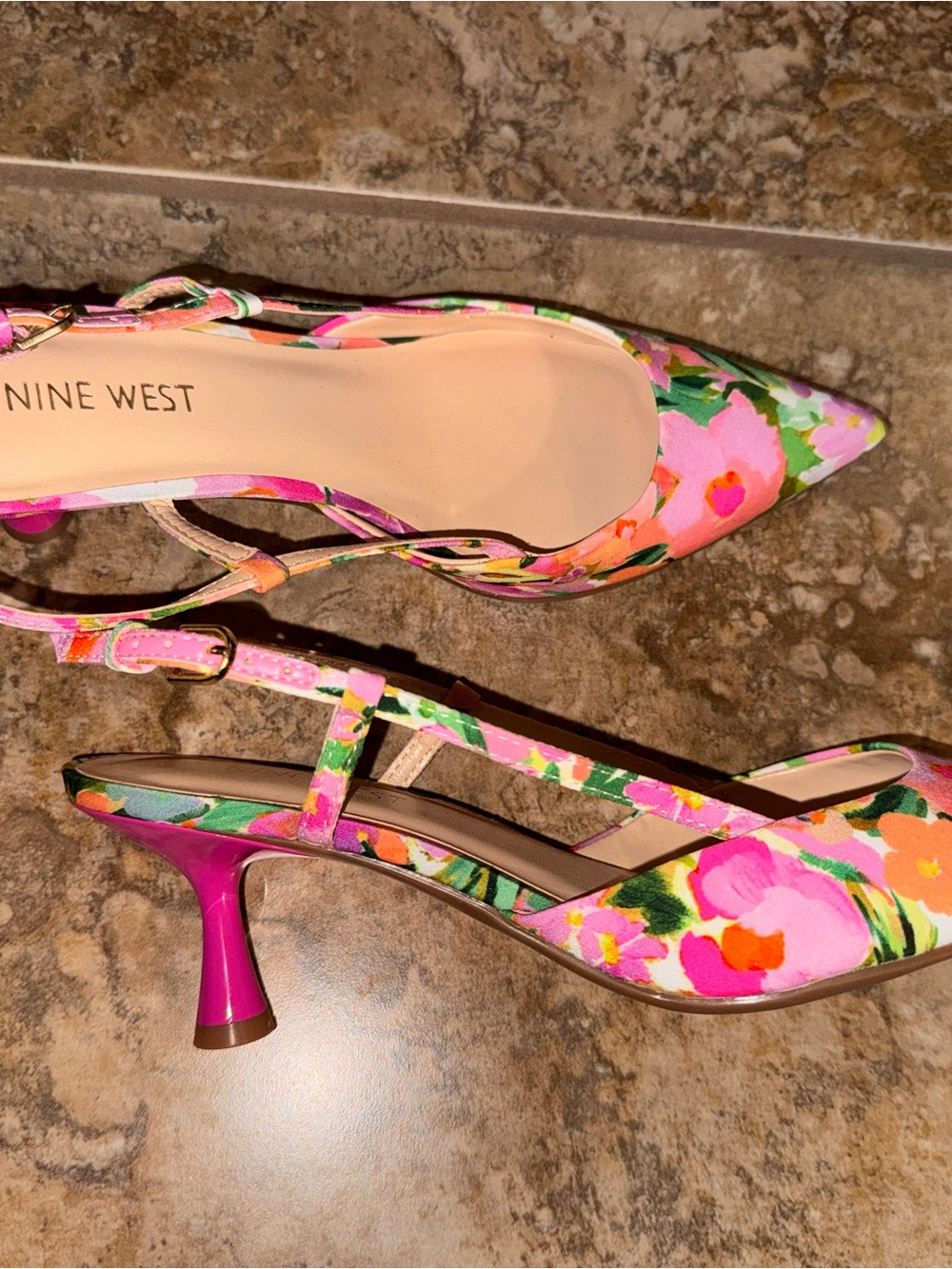 Nine West Pink Floral Pointed Slingback Kitten Heels